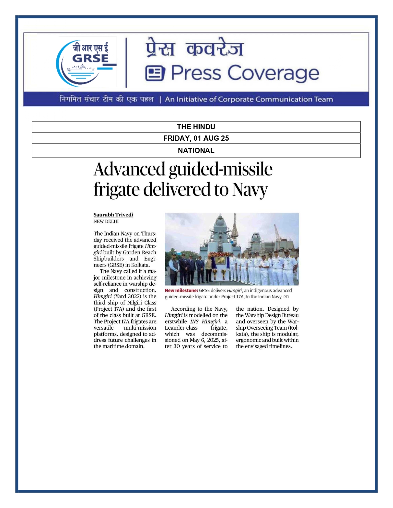 Press Coverage : 1 Aug 25:Another indigenous warship joins Navy